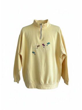 Cabo San Lucas  Sweatshirt Yellow Embroidered Geckos Lizards 1/4 Zip Size XL
